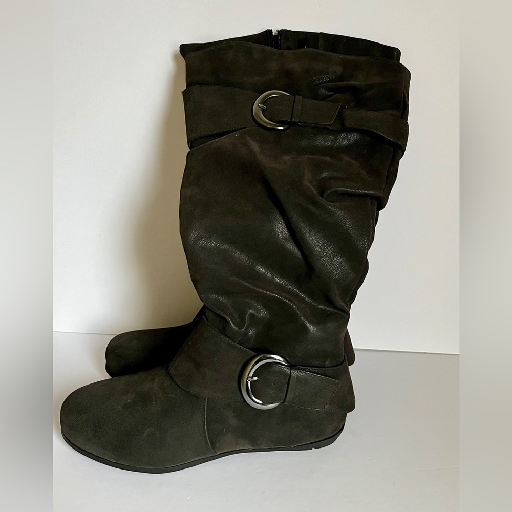 Luoika Womens Black Zipper Knee High Flat Heel Round Toe Riding Boots Size 9.5XW